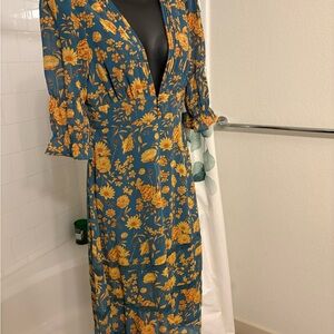 Forever 21 Floral Long Sleeve Dress in Teal and Yellow